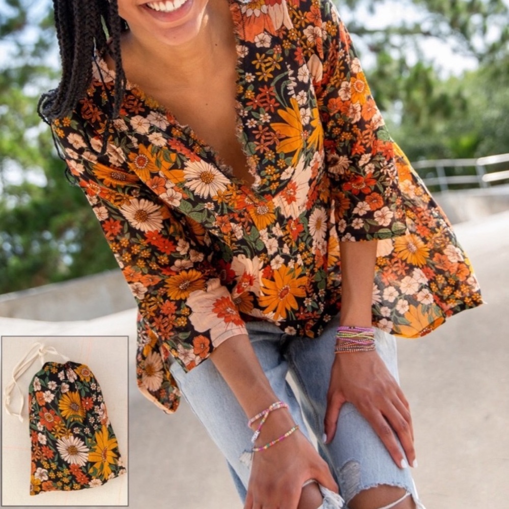 NEW (L /XL) Boho Floral Cotton Tunic in a Bag Lightweight Sheer High-Low Top